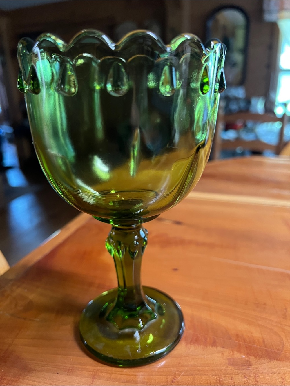 VINTAGE Indiana Glass Olive Green TearDrop Pattern Goblet Cup Compote